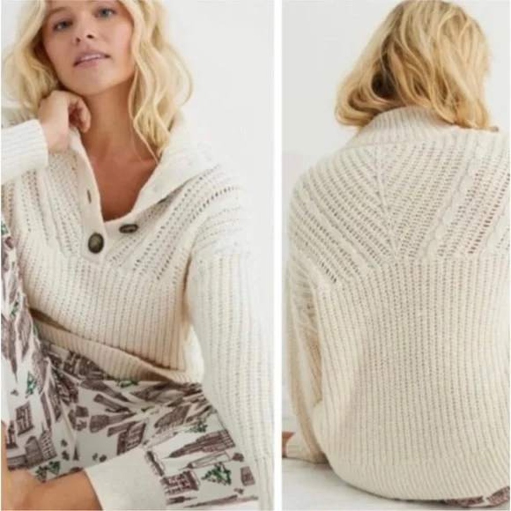 Aerie Women Small Cream Henley Mock‎ Neck Chunky Cable Knit Oversized Sweater